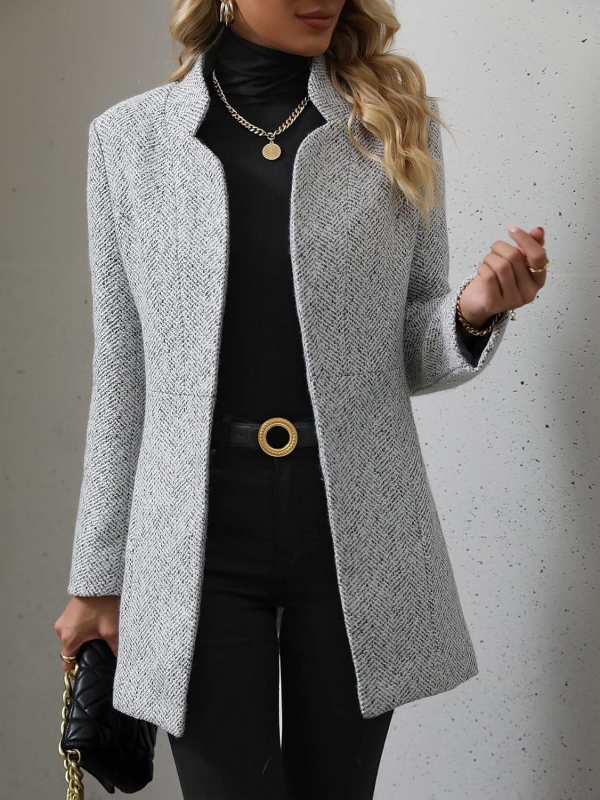 Дамско палто от имитационна вълна, тесен силует, U-образно деколте, средна дължина, дълги ръкави