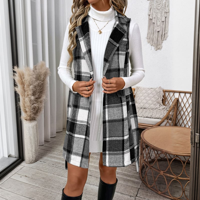 Жилет с яка, ретро стил кардиган, каре в клетка, дълъг силует