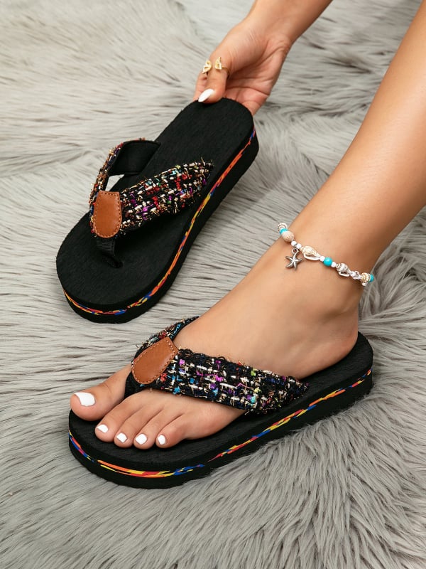 Женски клиновидни чехли с каишка между пръстите, EVA горна част и подметка, кръгъл нос, платнена вътрешност, бохо стил, летни плажни обувки, пролет 2025