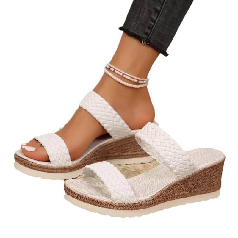 Дамски сандали с една лента, плетена лента, PU горна част и PU подметка, плосък ток, вътрешност от имитирана кожа, дебелина на подметката 0–3 см