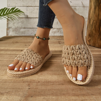 Дамски чехли за плажа от плетена горна част, подметка от пяна, едноцветен модел, лято 2025, без закопчаване, плосък под