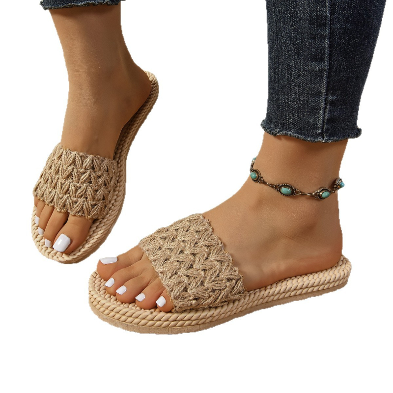 Дамски чехли за плажа от плетена горна част, подметка от пяна, едноцветен модел, лято 2025, без закопчаване, плосък под