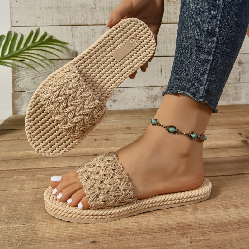 Дамски чехли за плажа от плетена горна част, подметка от пяна, едноцветен модел, лято 2025, без закопчаване, плосък под