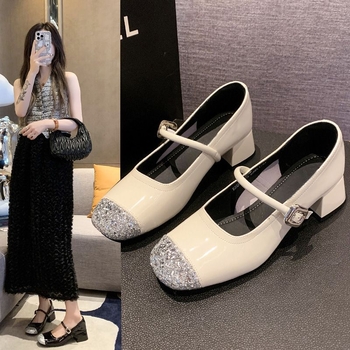 Мери Джейн обувки с кръгъл нос, PU горнище, дебел ток 3–6 см, гумирана подметка