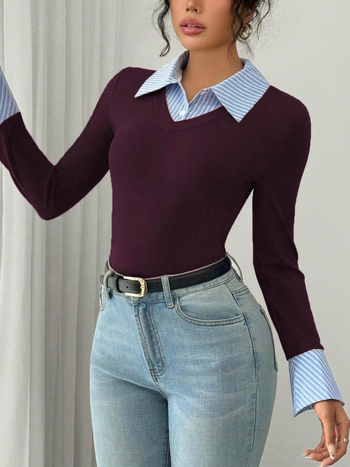 Дамски плетен топ с качулка и яка тип риза, свободен силует, полиестер, дълги ръкави