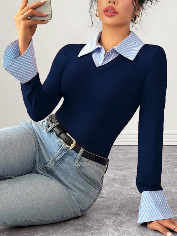 Дамски плетен топ с качулка и яка тип риза, свободен силует, полиестер, дълги ръкави