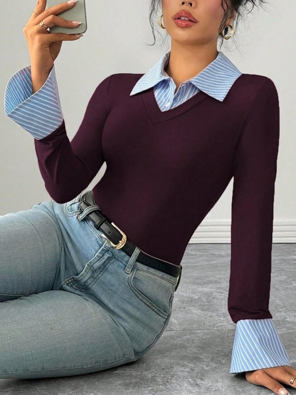 Дамски плетен топ с качулка и яка тип риза, свободен силует, полиестер, дълги ръкави