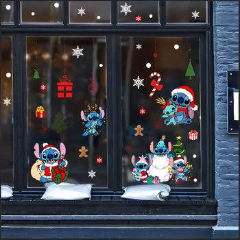 Стикери за прозорец и спалня с коледна тема Stitch – самозалепващи PVC, карикатурен стил, геометричен мотив.