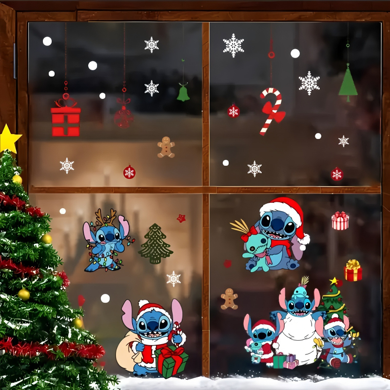 Стикери за прозорец и спалня с коледна тема Stitch – самозалепващи PVC, карикатурен стил, геометричен мотив.