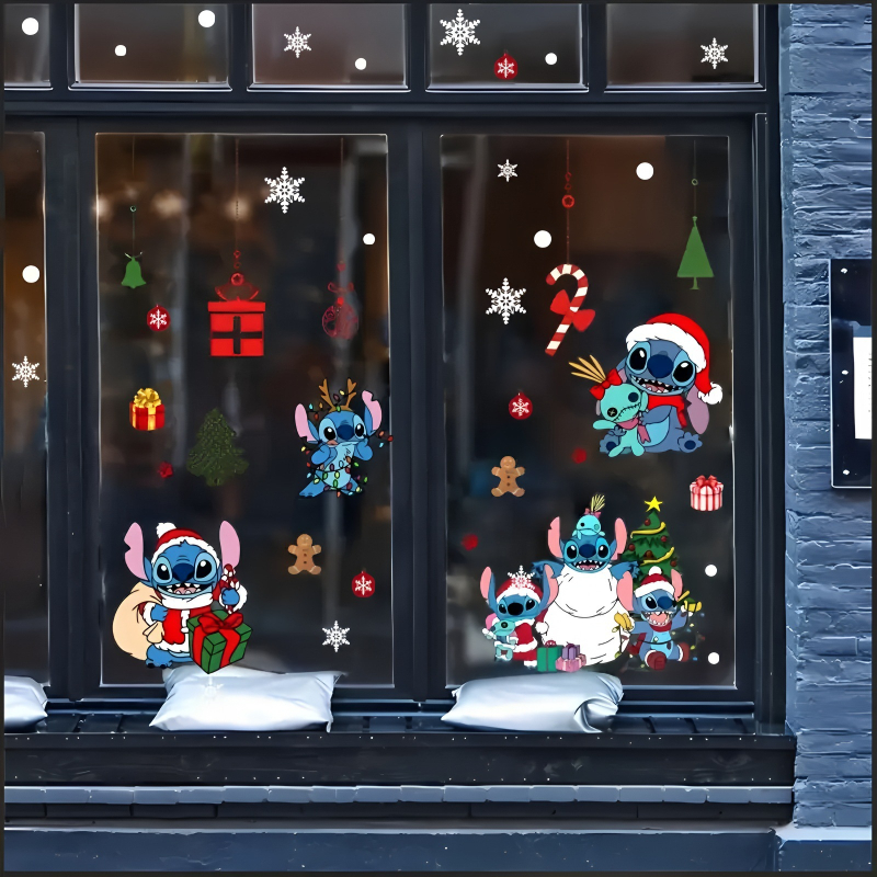 Стикери за прозорец и спалня с коледна тема Stitch – самозалепващи PVC, карикатурен стил, геометричен мотив.