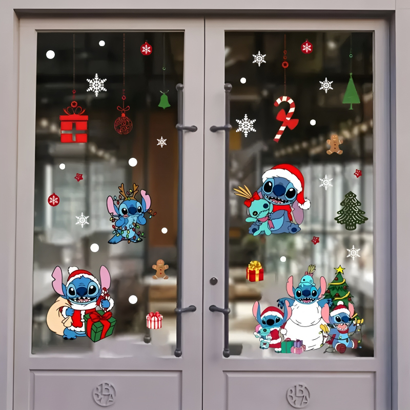 Стикери за прозорец и спалня с коледна тема Stitch – самозалепващи PVC, карикатурен стил, геометричен мотив.