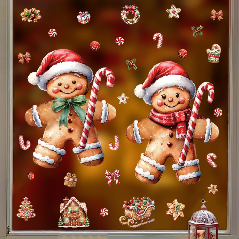 PVC декоративни стикери за стена и прозорец – Gingerbread човек и къща за бонбони, карикатурен стил, 2 бр., декоративни стикери за дом
