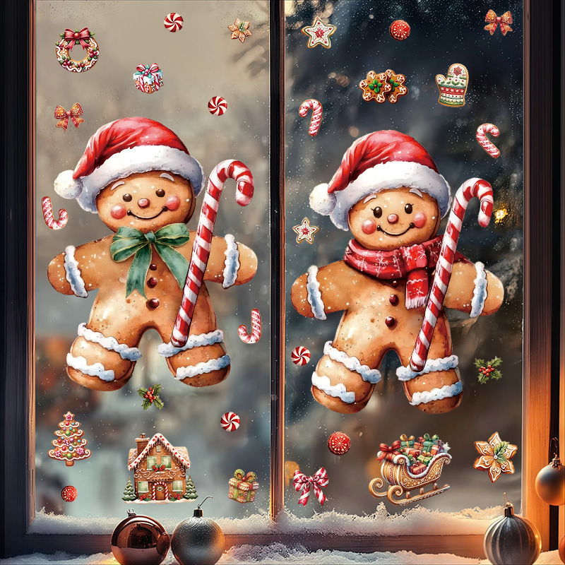 PVC декоративни стикери за стена и прозорец – Gingerbread човек и къща за бонбони, карикатурен стил, 2 бр., декоративни стикери за дом