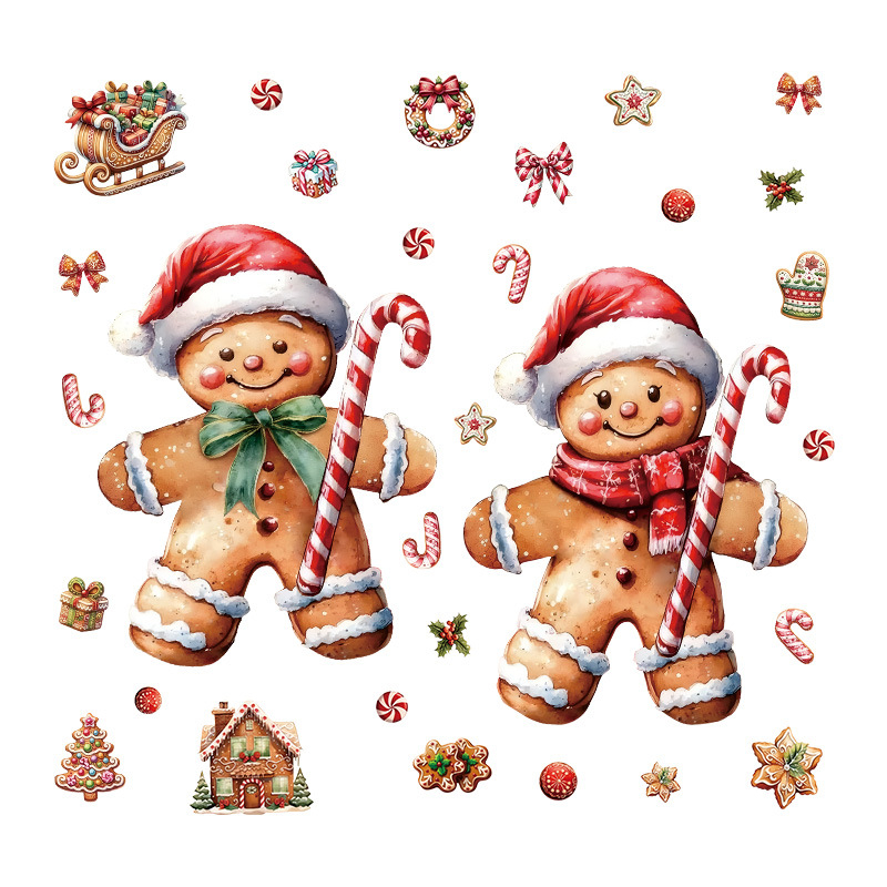 PVC декоративни стикери за стена и прозорец – Gingerbread човек и къща за бонбони, карикатурен стил, 2 бр., декоративни стикери за дом