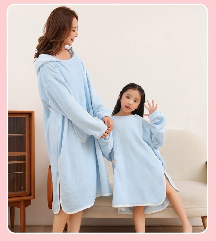 Възрастен халат за баня с качулка — носима пелерина от коралов флис, попивателен, бързосъхнещ, полиестерно влакно