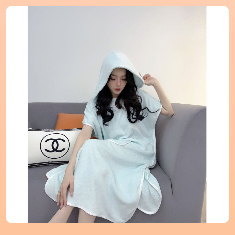 Възрастен халат за баня с качулка — носима пелерина от коралов флис, попивателен, бързосъхнещ, полиестерно влакно