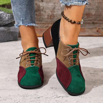 Дамски велурени лоуфъри с връзки, среден ток, кръгла пръст, гумирана подметка, PU стелка