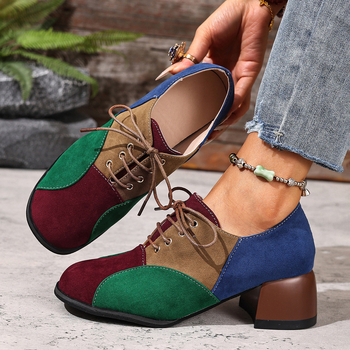 Дамски велурени лоуфъри с връзки, среден ток, кръгла пръст, гумирана подметка, PU стелка