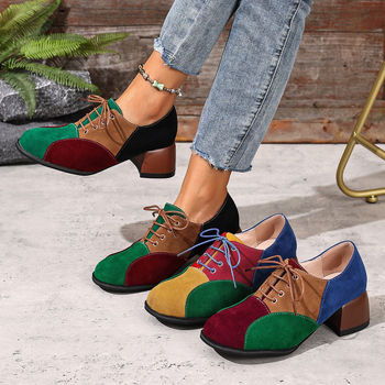 Дамски велурени лоуфъри с връзки, среден ток, кръгла пръст, гумирана подметка, PU стелка