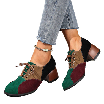 Дамски велурени лоуфъри с връзки, среден ток, кръгла пръст, гумирана подметка, PU стелка