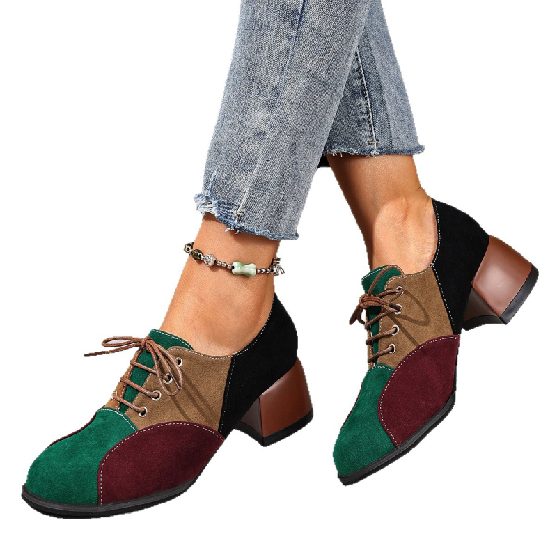 Дамски велурени лоуфъри с връзки, среден ток, кръгла пръст, гумирана подметка, PU стелка