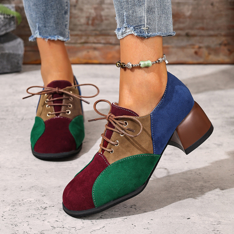 Дамски велурени лоуфъри с връзки, среден ток, кръгла пръст, гумирана подметка, PU стелка