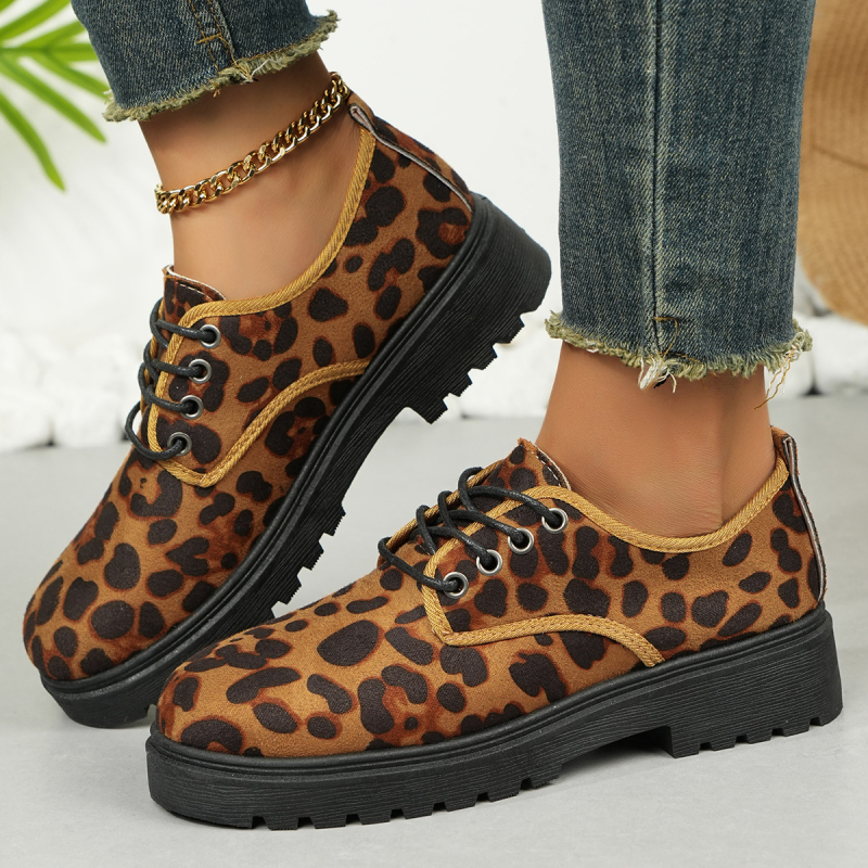 Loafers ar apaļu purnu, leopardu raksts, PU augšdaļa, 3–5 cm vidēja papēdis, PVC zole ikdienas valkāšanai