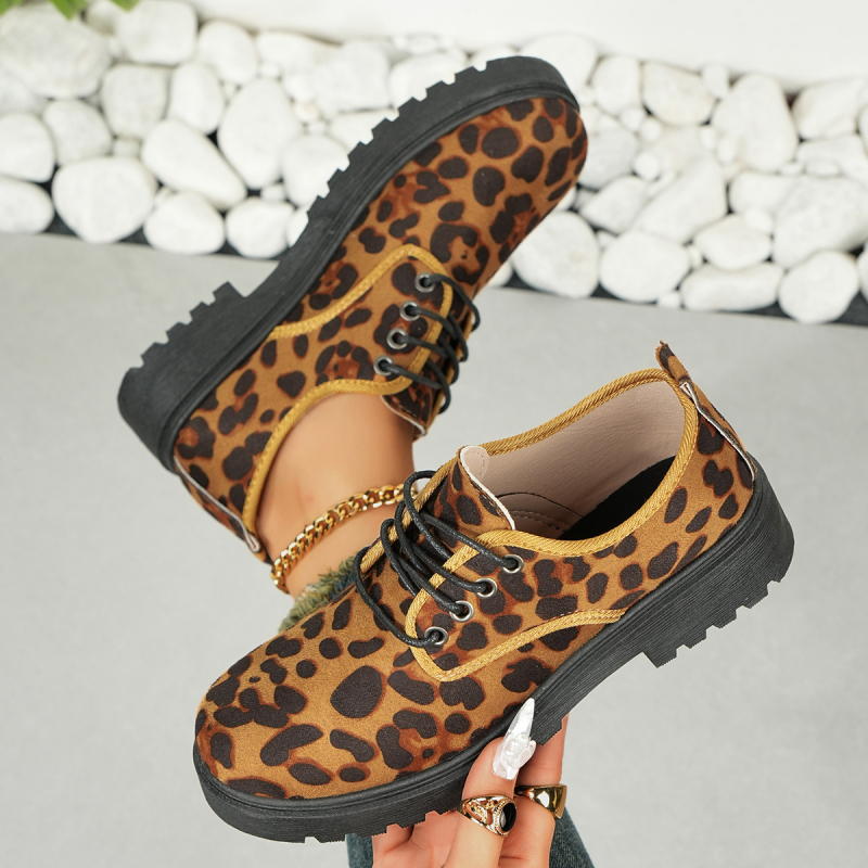 Loafers ar apaļu purnu, leopardu raksts, PU augšdaļa, 3–5 cm vidēja papēdis, PVC zole ikdienas valkāšanai