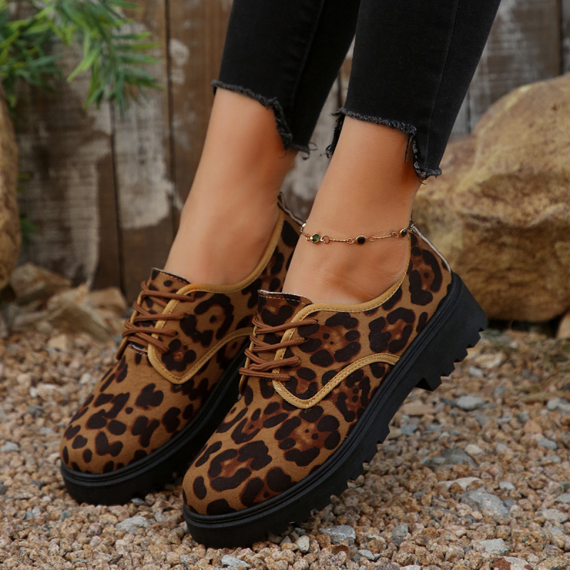 Loafers ar apaļu purnu, leopardu raksts, PU augšdaļa, 3–5 cm vidēja papēdis, PVC zole ikdienas valkāšanai