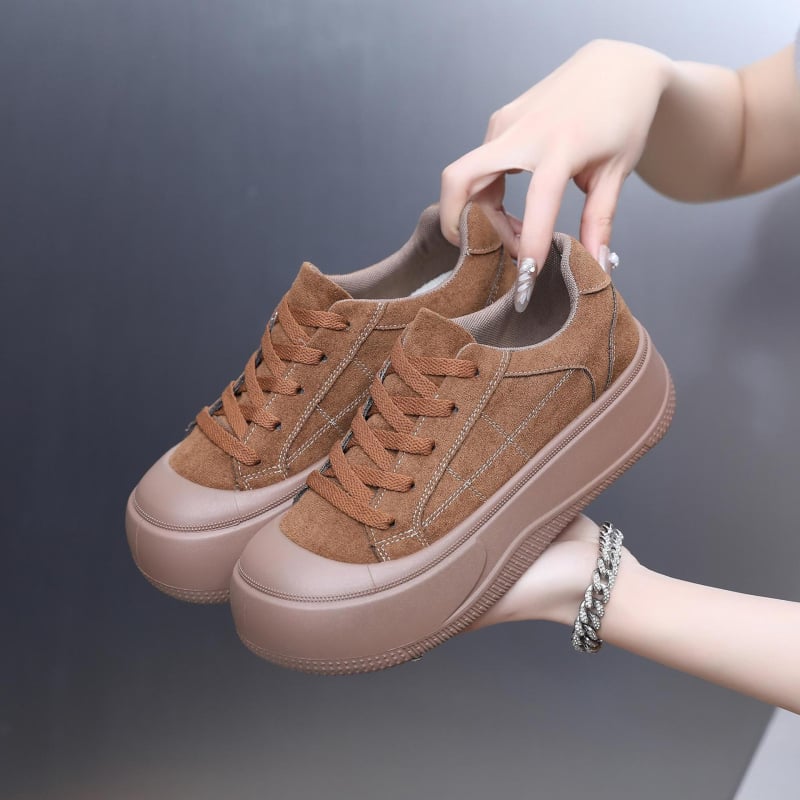 Ženske tenisice s debelim potplatom za povećanje visine, gornji dio od umjetnog pliša, gumena potplata, vezanje, vulkanizirane svakodnevne tenisice za proljeće