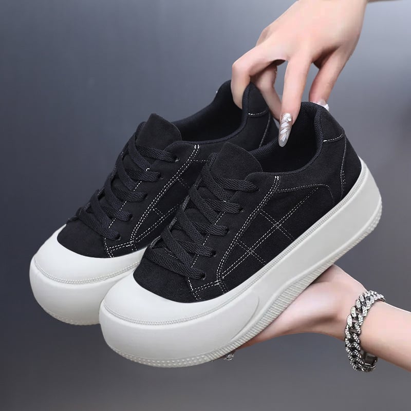 Ženske tenisice s debelim potplatom za povećanje visine, gornji dio od umjetnog pliša, gumena potplata, vezanje, vulkanizirane svakodnevne tenisice za proljeće