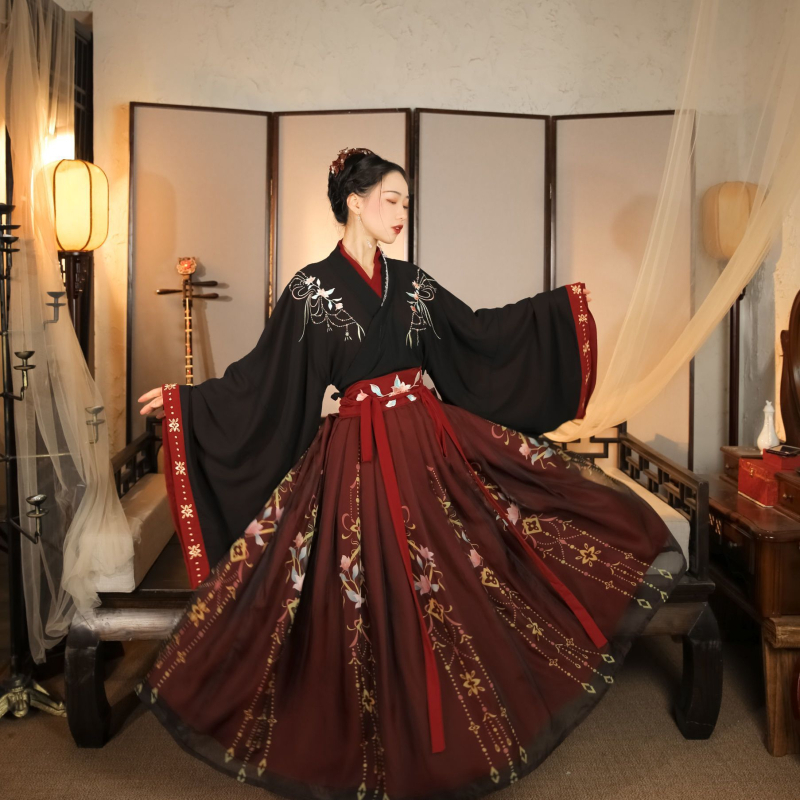 Ханфу комплект, кръстосана яка, талия до талията, стил Вей/Джин, стреловидни ръкави, TR плат