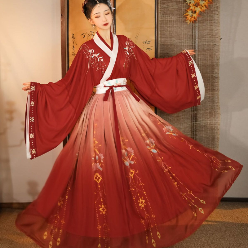 Ханфу комплект, кръстосана яка, талия до талията, стил Вей/Джин, стреловидни ръкави, TR плат