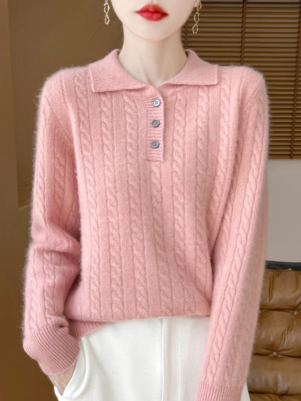 Женски пуловер с поло яка и кабелно плетиво, удебелен модел; основна материя: вълна 95%+; вторичен компонент: вълна 90–95% (есен 2025)