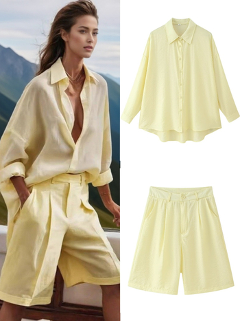 Женски комплект: топ с дълги ръкави и къси панталони, еднотонен полиестер, съдържание над 95% полиестер, колажни шевове, летен модел 2025