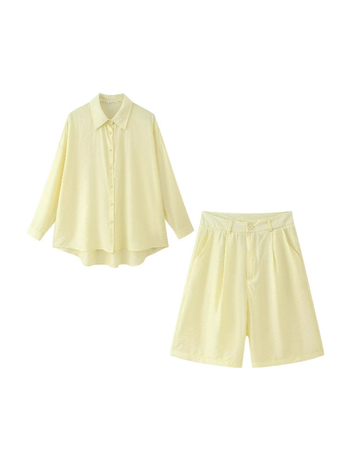 Женски комплект: топ с дълги ръкави и къси панталони, еднотонен полиестер, съдържание над 95% полиестер, колажни шевове, летен модел 2025