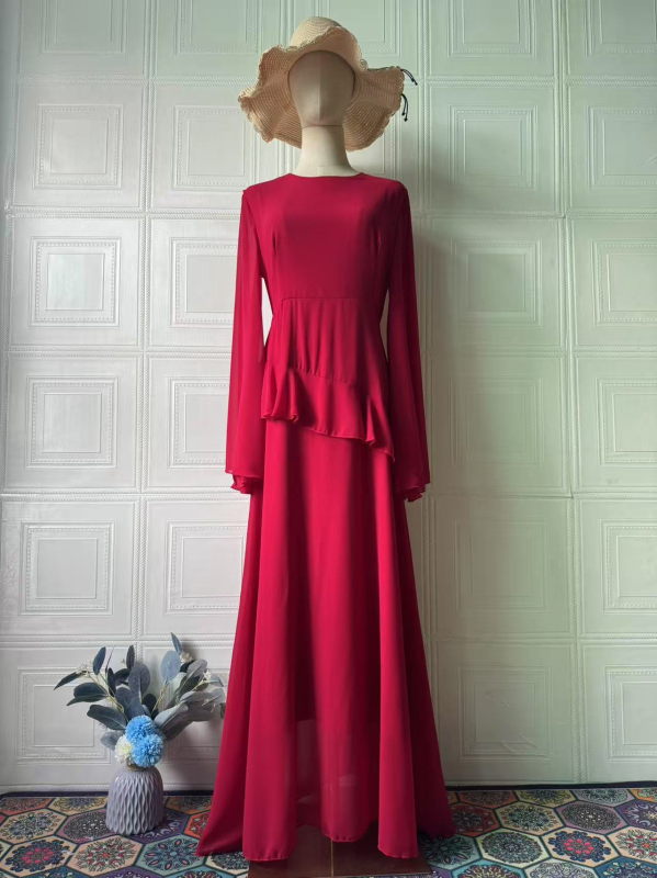 Дълга рокля с кръгло деколте и камбановидни ръкави, солиден модел, памучно-полиестърова материя, oversize силует