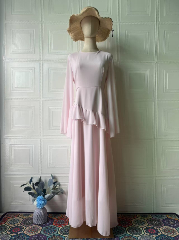 Дълга рокля с кръгло деколте и камбановидни ръкави, солиден модел, памучно-полиестърова материя, oversize силует