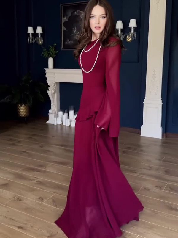 Дълга рокля с кръгло деколте и камбановидни ръкави, солиден модел, памучно-полиестърова материя, oversize силует