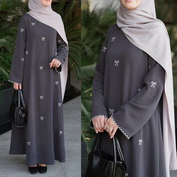 Етнична дълга рокля с бродерия с панделка, полиестер, А-образен силует, кръгло деколте, дълги ръкави