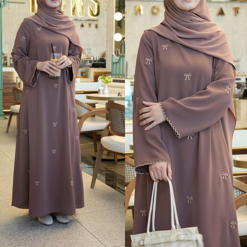 Етнична дълга рокля с бродерия с панделка, полиестер, А-образен силует, кръгло деколте, дълги ръкави