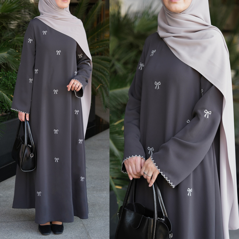 Етнична дълга рокля с бродерия с панделка, полиестер, А-образен силует, кръгло деколте, дълги ръкави