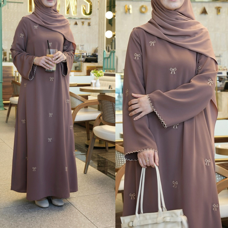 Етнична дълга рокля с бродерия с панделка, полиестер, А-образен силует, кръгло деколте, дълги ръкави