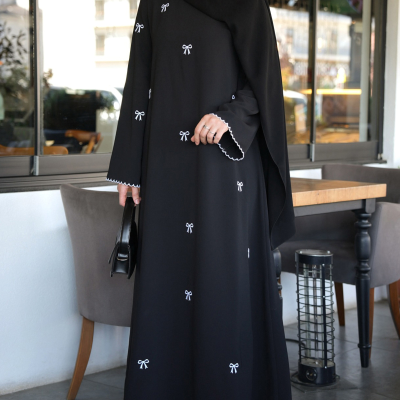 Етнична дълга рокля с бродерия с панделка, полиестер, А-образен силует, кръгло деколте, дълги ръкави