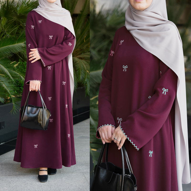 Етнична дълга рокля с бродерия с панделка, полиестер, А-образен силует, кръгло деколте, дълги ръкави