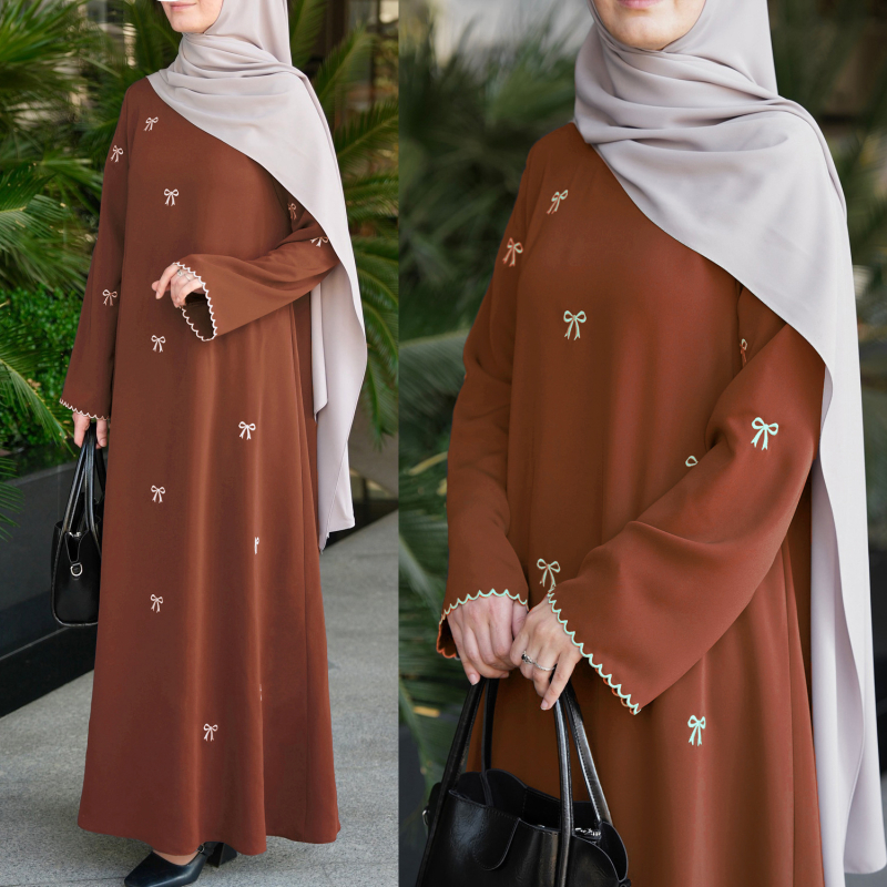 Етнична дълга рокля с бродерия с панделка, полиестер, А-образен силует, кръгло деколте, дълги ръкави