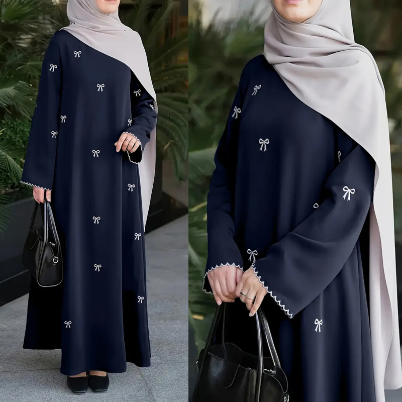 Етнична дълга рокля с бродерия с панделка, полиестер, А-образен силует, кръгло деколте, дълги ръкави