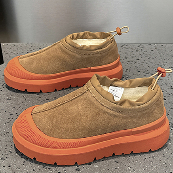 Женски снегови ботуши в стил Wang Yibo – зима 2025, обувки с дебела подметка от велур и кожа, подплатени с вълна, гумена подметка, нисък горен кант, кръгъл нос