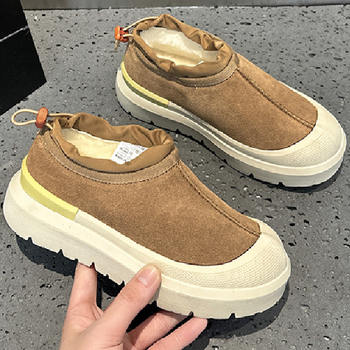 Женски снегови ботуши в стил Wang Yibo – зима 2025, обувки с дебела подметка от велур и кожа, подплатени с вълна, гумена подметка, нисък горен кант, кръгъл нос