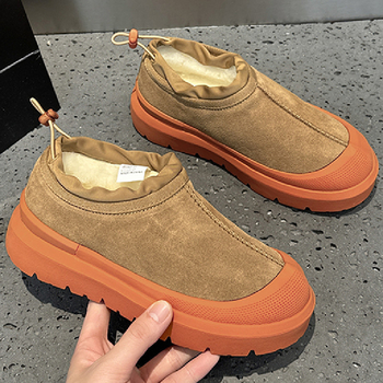 Женски снегови ботуши в стил Wang Yibo – зима 2025, обувки с дебела подметка от велур и кожа, подплатени с вълна, гумена подметка, нисък горен кант, кръгъл нос